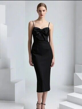 Lucky 13 THE PUCKER UP FRONT TIE Black Satin  Midi Dress SIZE Medium